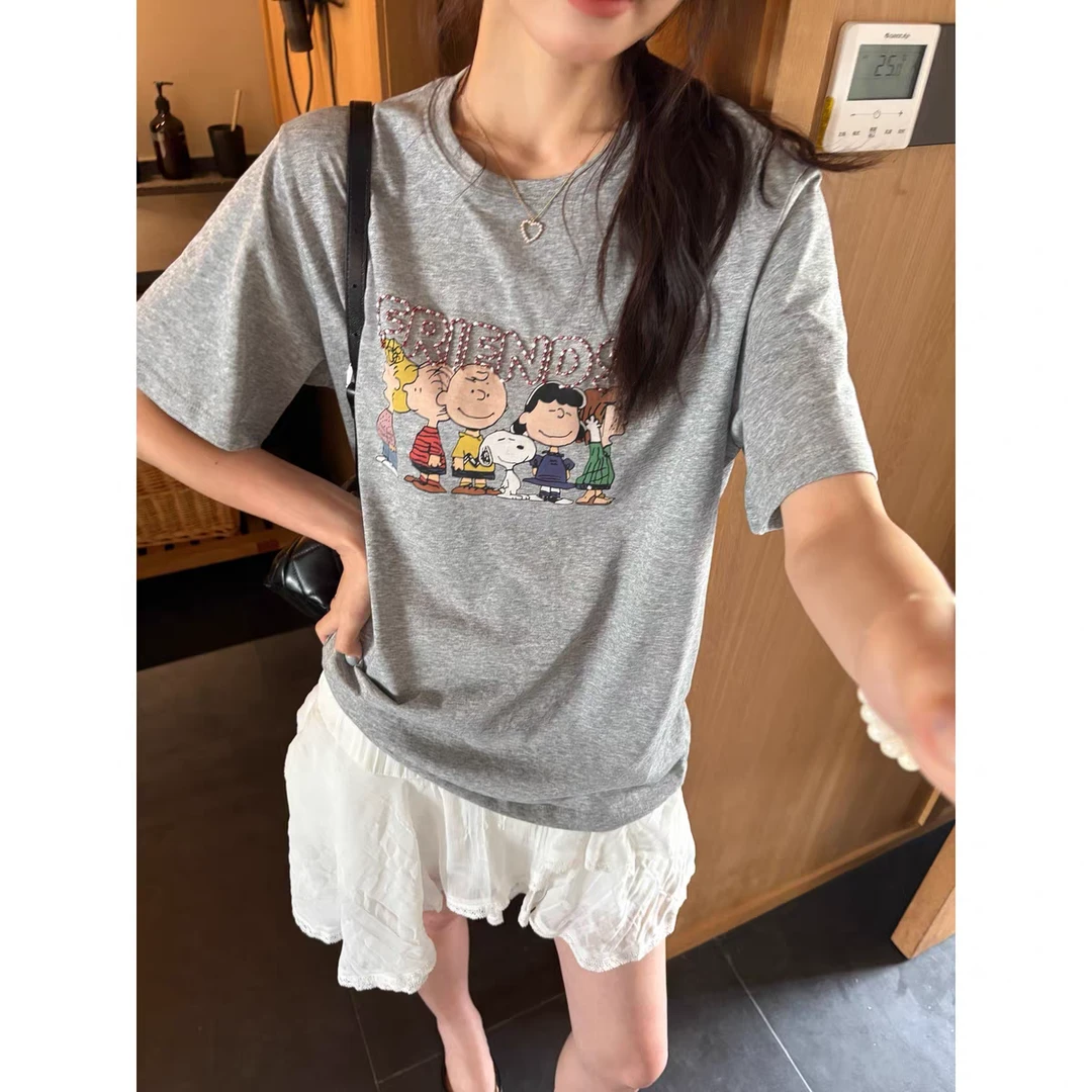 字母常规套装圆领家居服显瘦卡通风T恤韩版印花短袖