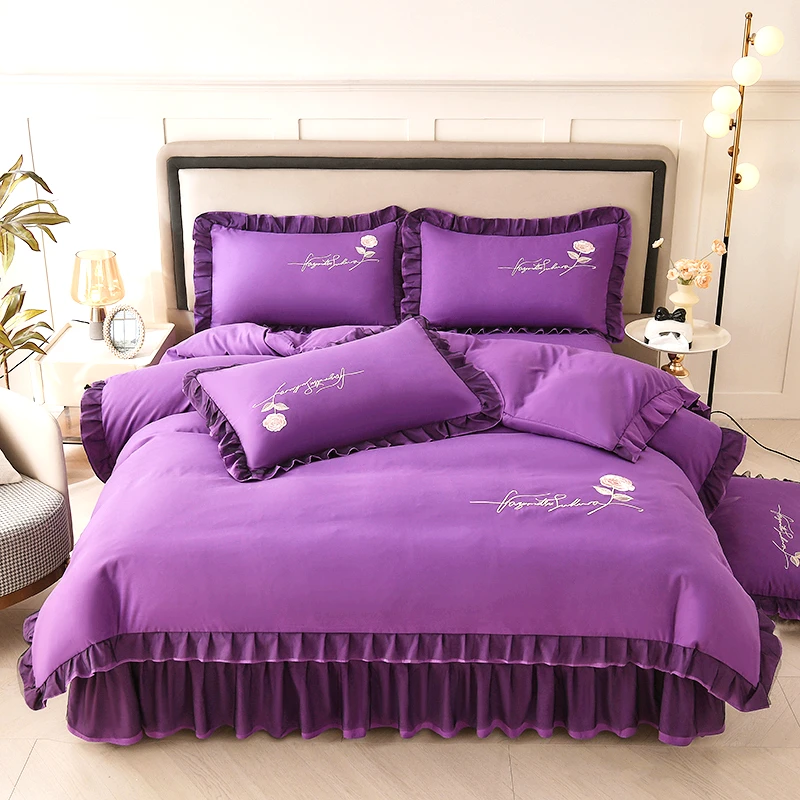 【四季款】韩版花边床裙款亲肤水洗绵柔四件套纯色简约黑纱公主风