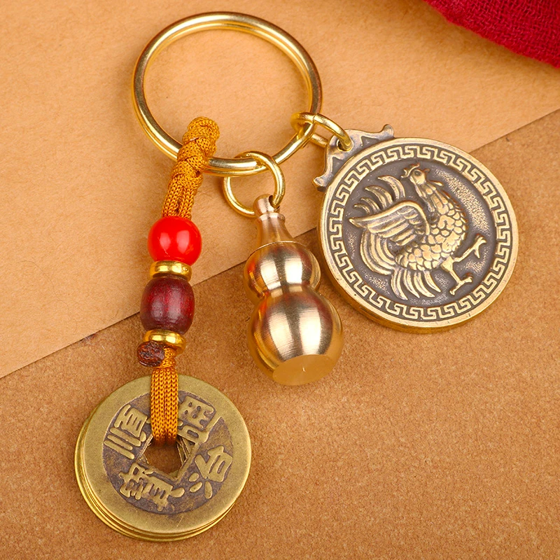 铜吾星复古黄铜钥匙扣十二生肖福牌葫芦汽车钥匙链挂件吊坠饰品