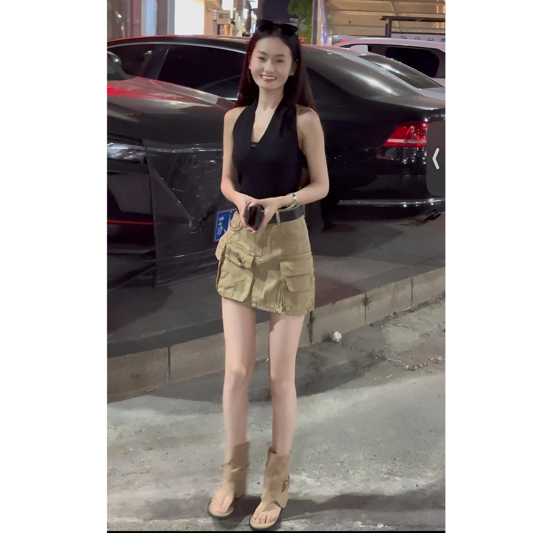 美式辣妹短款卡其色工装短裙显瘦牛仔高腰时尚夏季