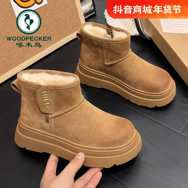 啄木鸟雪地靴女棉鞋冬季加绒加厚2024新款复古短靴厚底保暖面包鞋