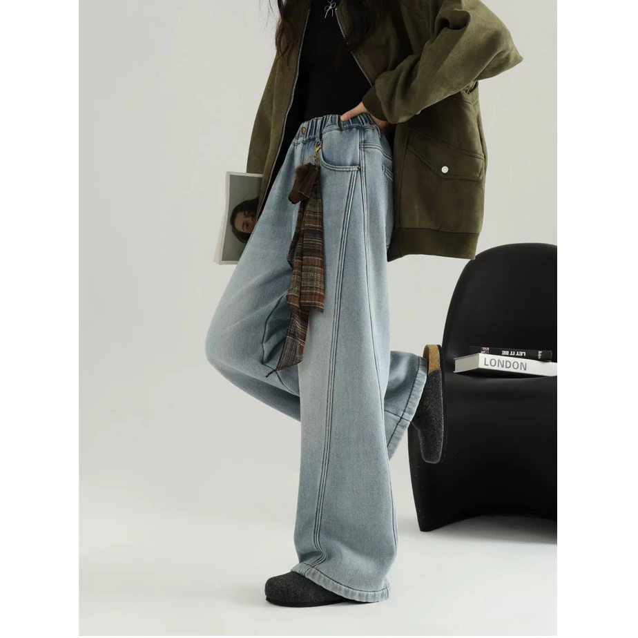 青少年女大童2025冬季新款中大童宽松直筒牛仔裤冬季加绒裤子