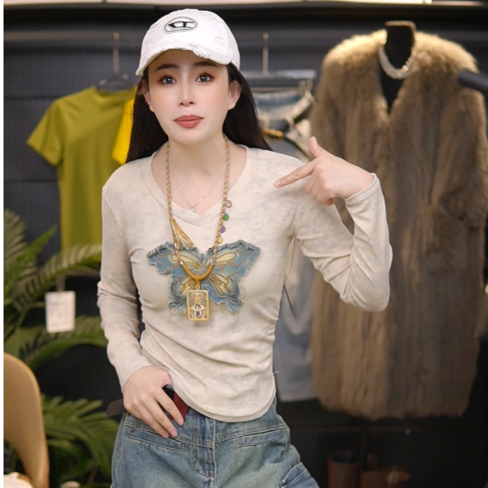 早春新款扎染蝴蝶贴布绣短款收腰长袖褶皱修身百搭小众辣妹上衣女
