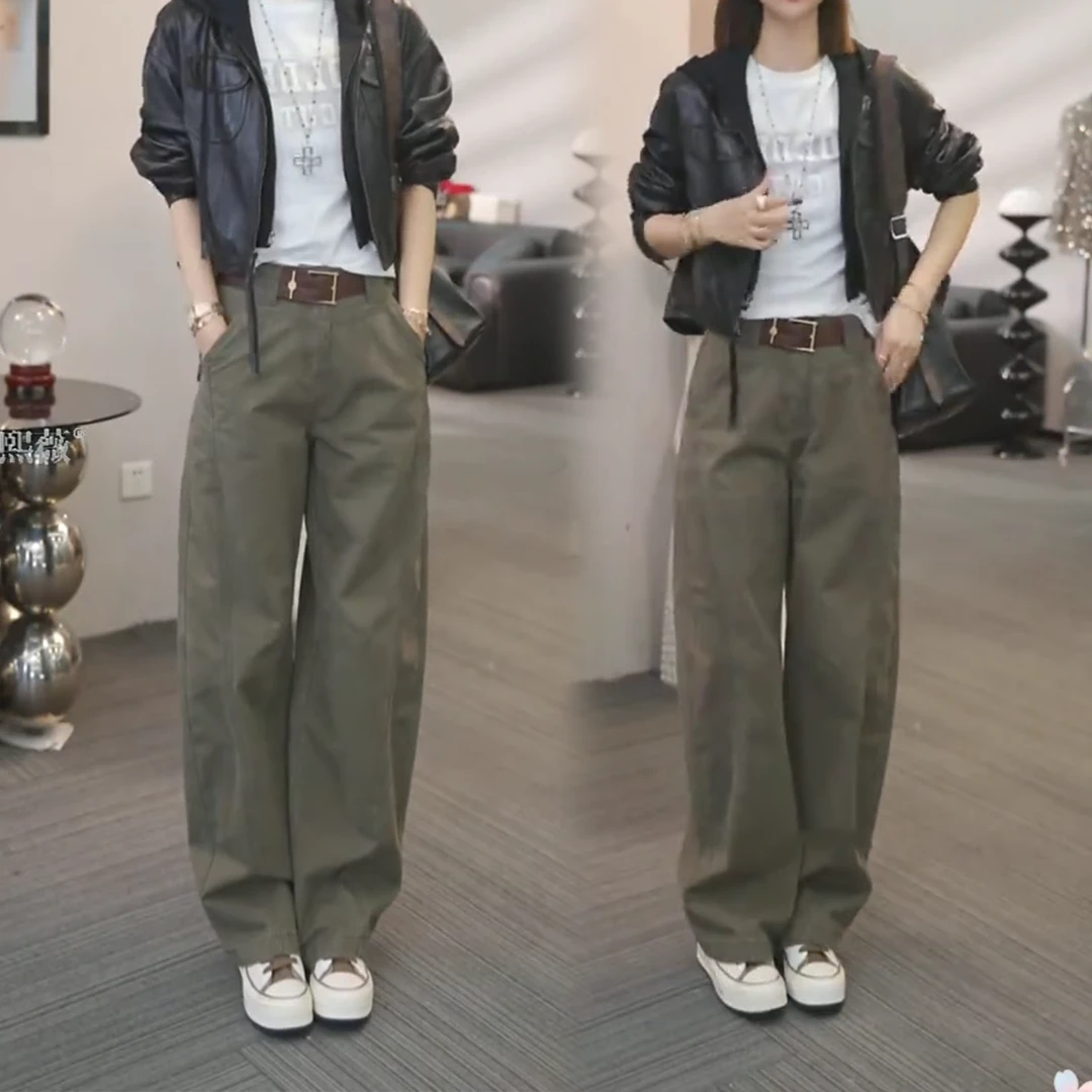 La babite军绿色工装牛仔裤女秋季2025新款慵懒风阔腿休闲弯刀裤