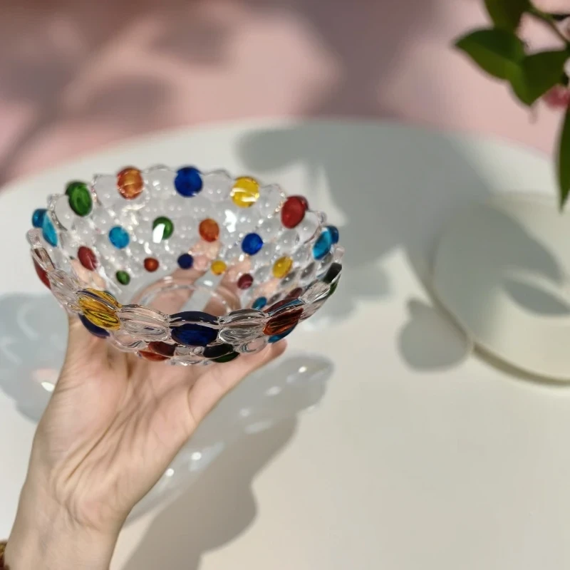单只-轻奢撞色水晶玻璃波点碗家用客厅干果糖果零食彩色碗