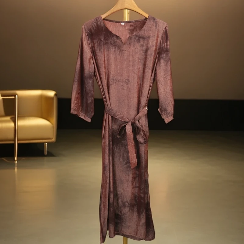 贵紫色扎染2025新款连衣裙时尚修身内搭打底显瘦中长款裙子