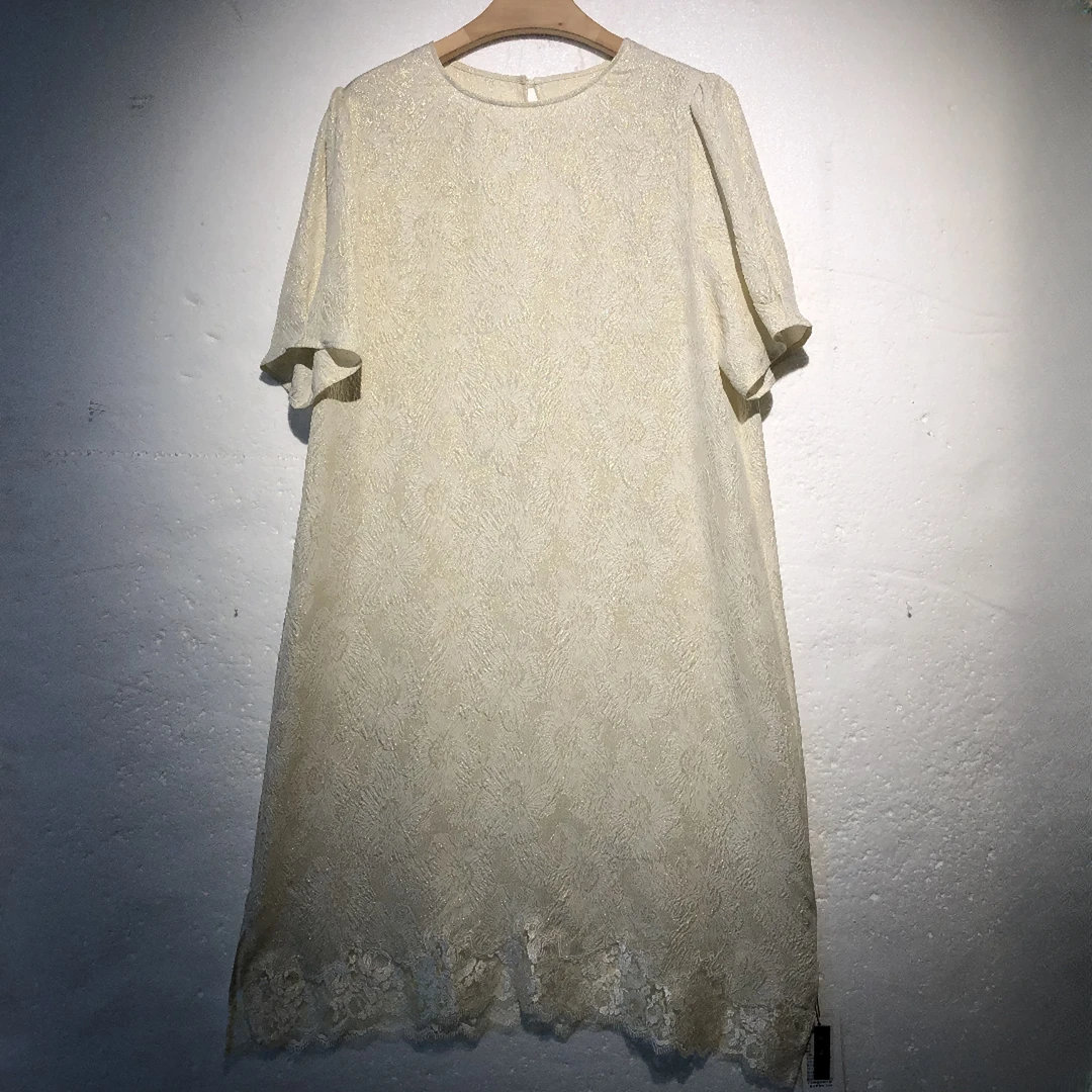 中国丝绸 桑蚕丝织金冠乐绉宽松高奢圆领遮肉显瘦连衣裙 H962136