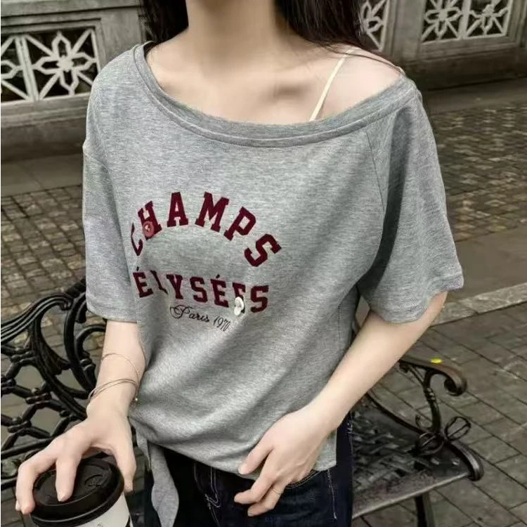 【锦衣服饰】SSJ 25057欧货字母侧系带短袖T