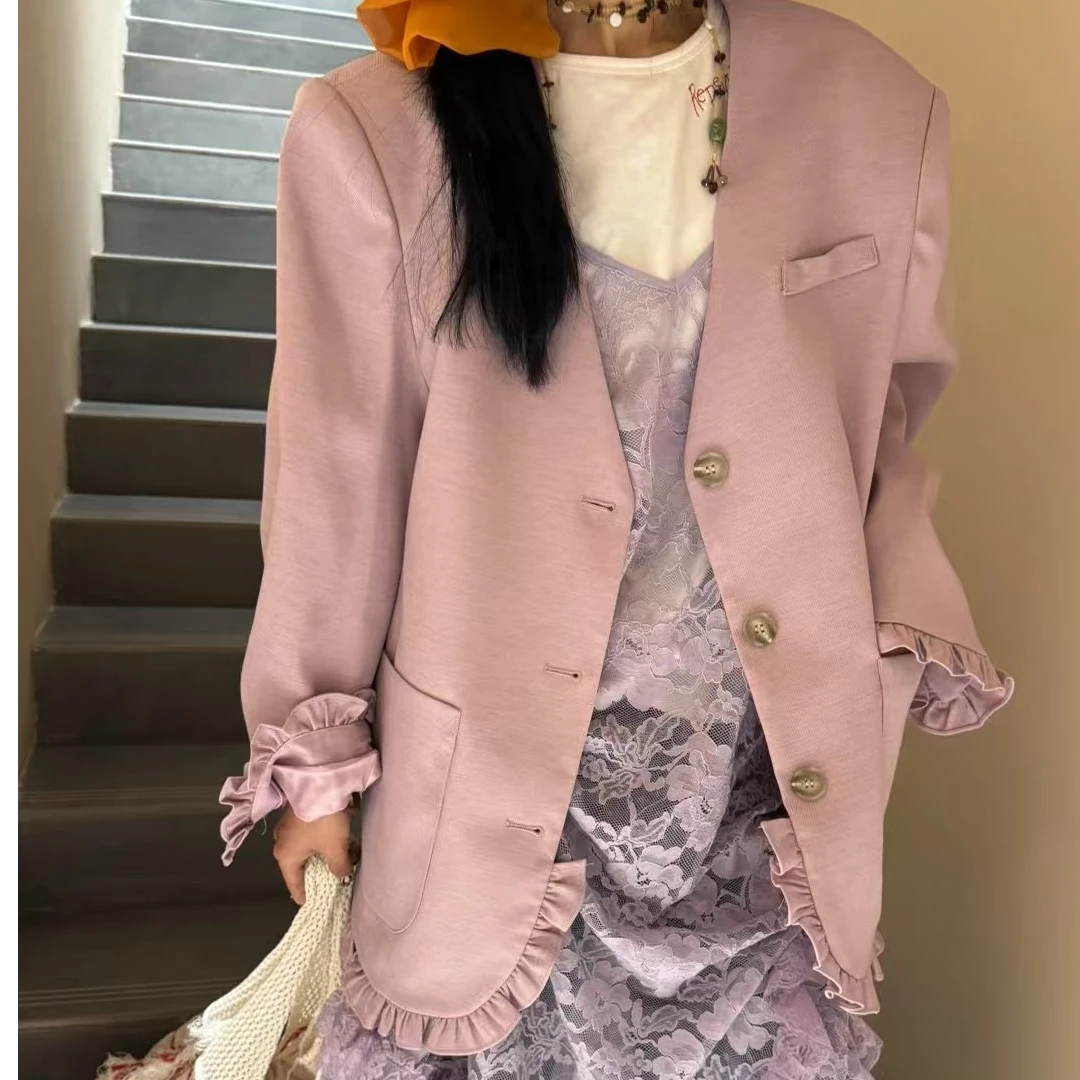 春季韩版宽松小众设计显瘦花边西装3103