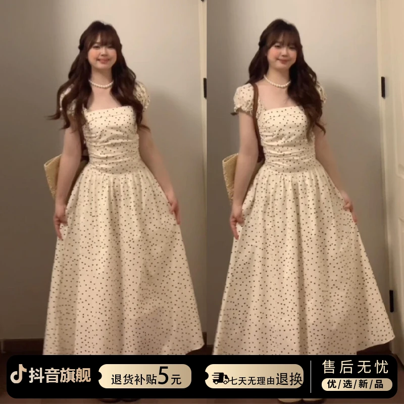 法式茶歇小飞袖波点连衣裙子女夏2025新款高级感收腰显瘦方领长裙