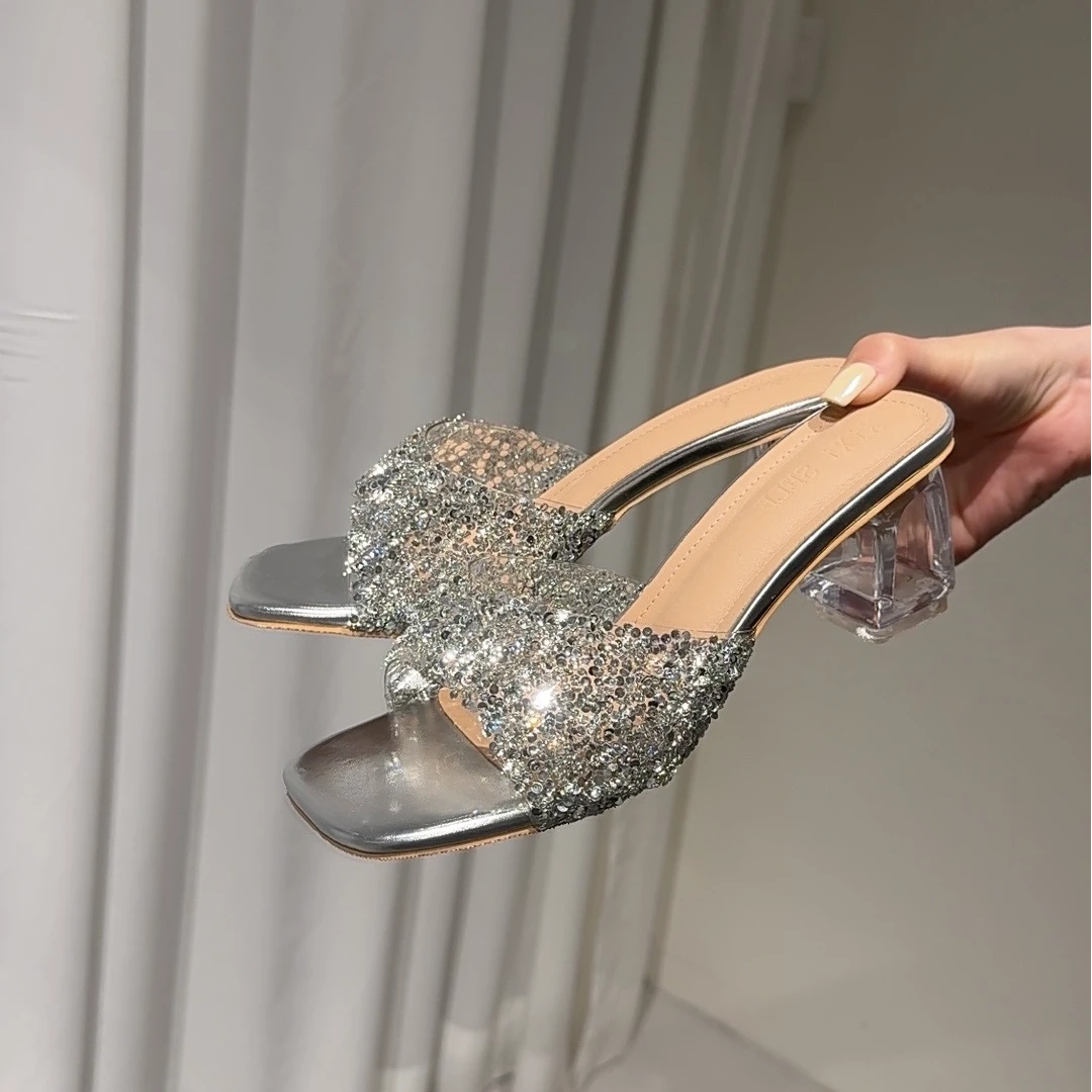 银河星光！银色水钻水晶跟凉拖鞋女夏季粗跟一字拖外穿粗跟凉拖鞋