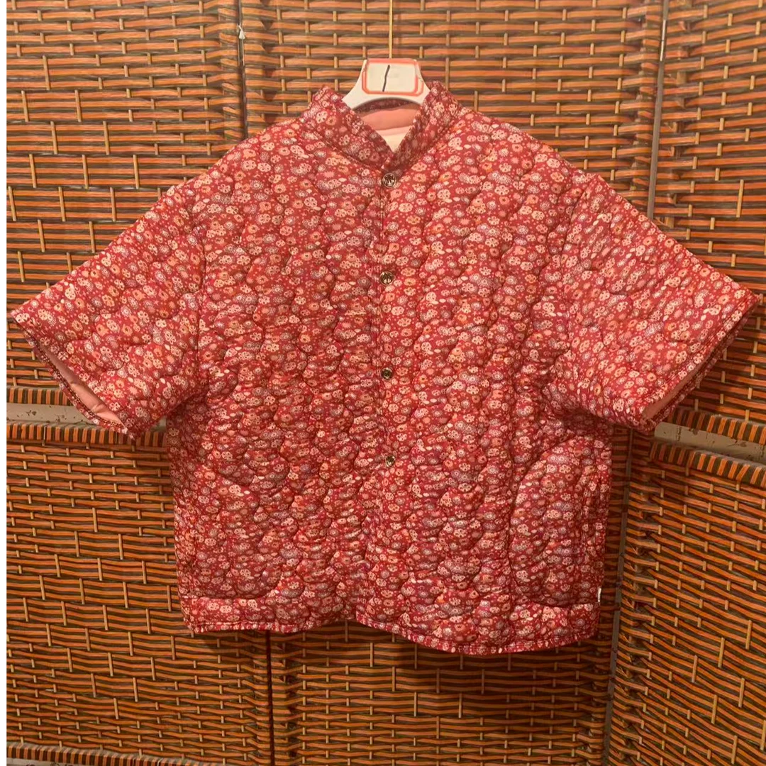 立领加大加肥厚款民族风中老年女装红色盘扣小香风碎花短袖棉衣