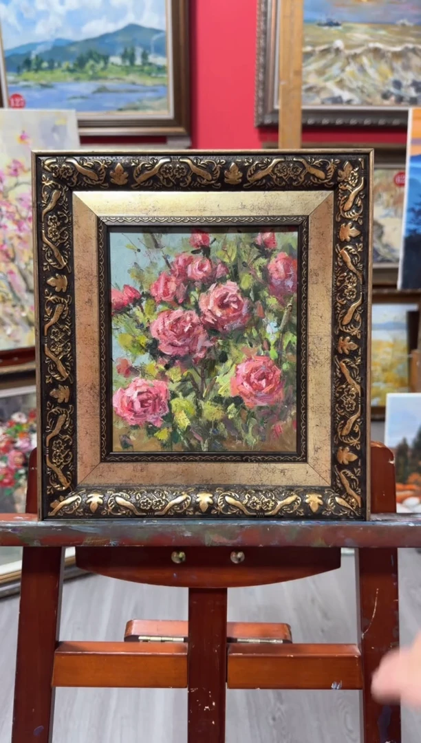 油画俄罗斯手绘油画作品《 玫瑰 》28x31cm 带外框