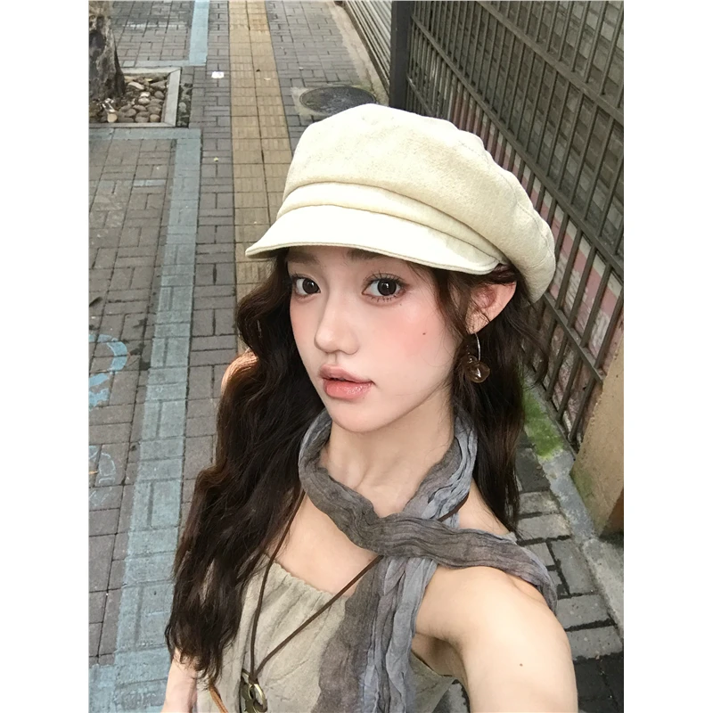 韩系植物麻夏季文艺贝雷帽四片式休闲百搭显脸小氛围感画家帽帽子