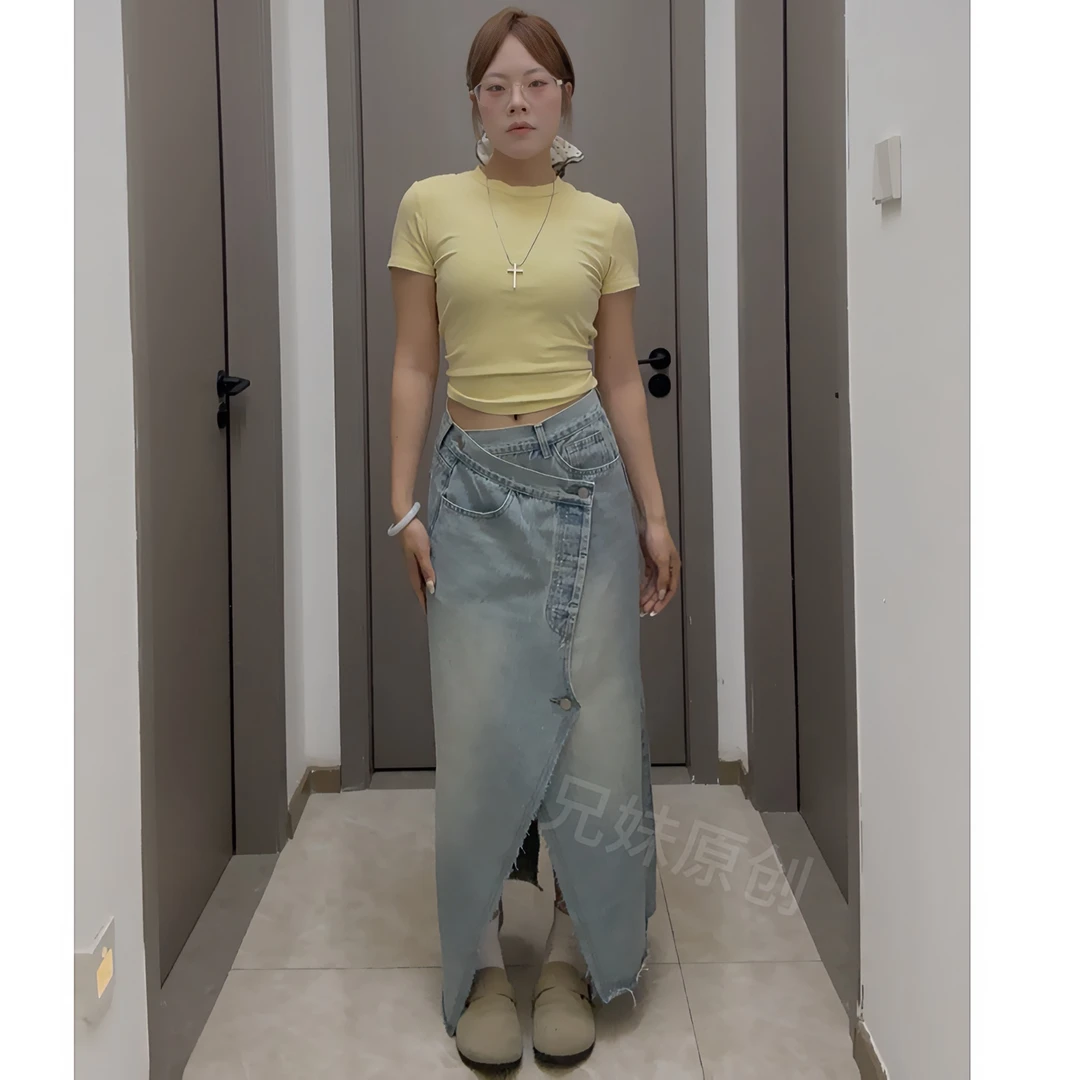 春夏新款设计水洗牛仔浅色a字半身裙中长款开叉高腰百搭显瘦显高