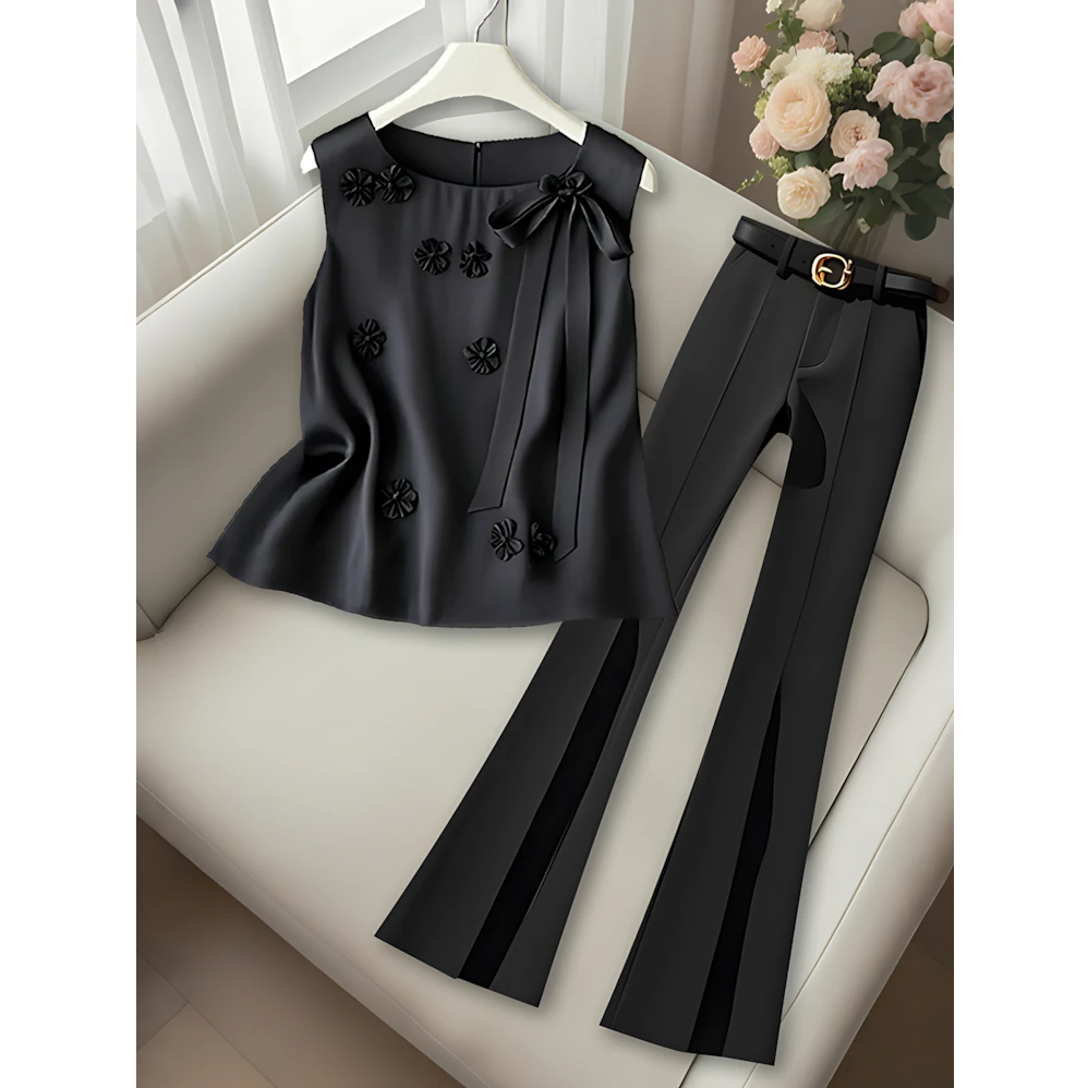2025夏季新款法式时尚温柔一整套黑色无袖小衫女上衣微喇百搭长裤