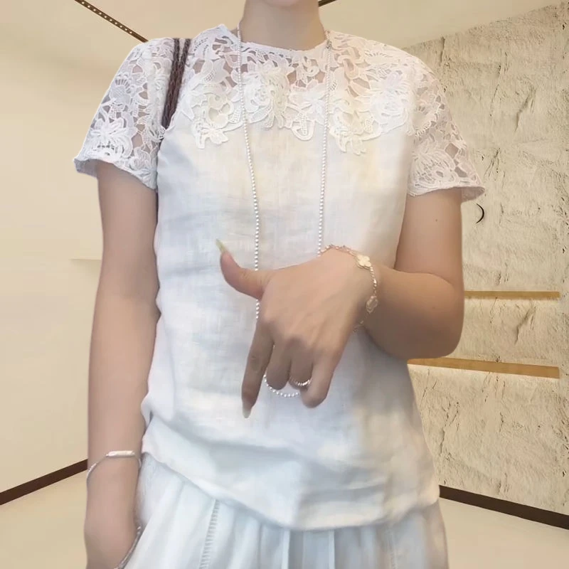 2025夏季宽松显瘦蕾丝短袖小众温婉大方洋气设计感高级时尚T恤