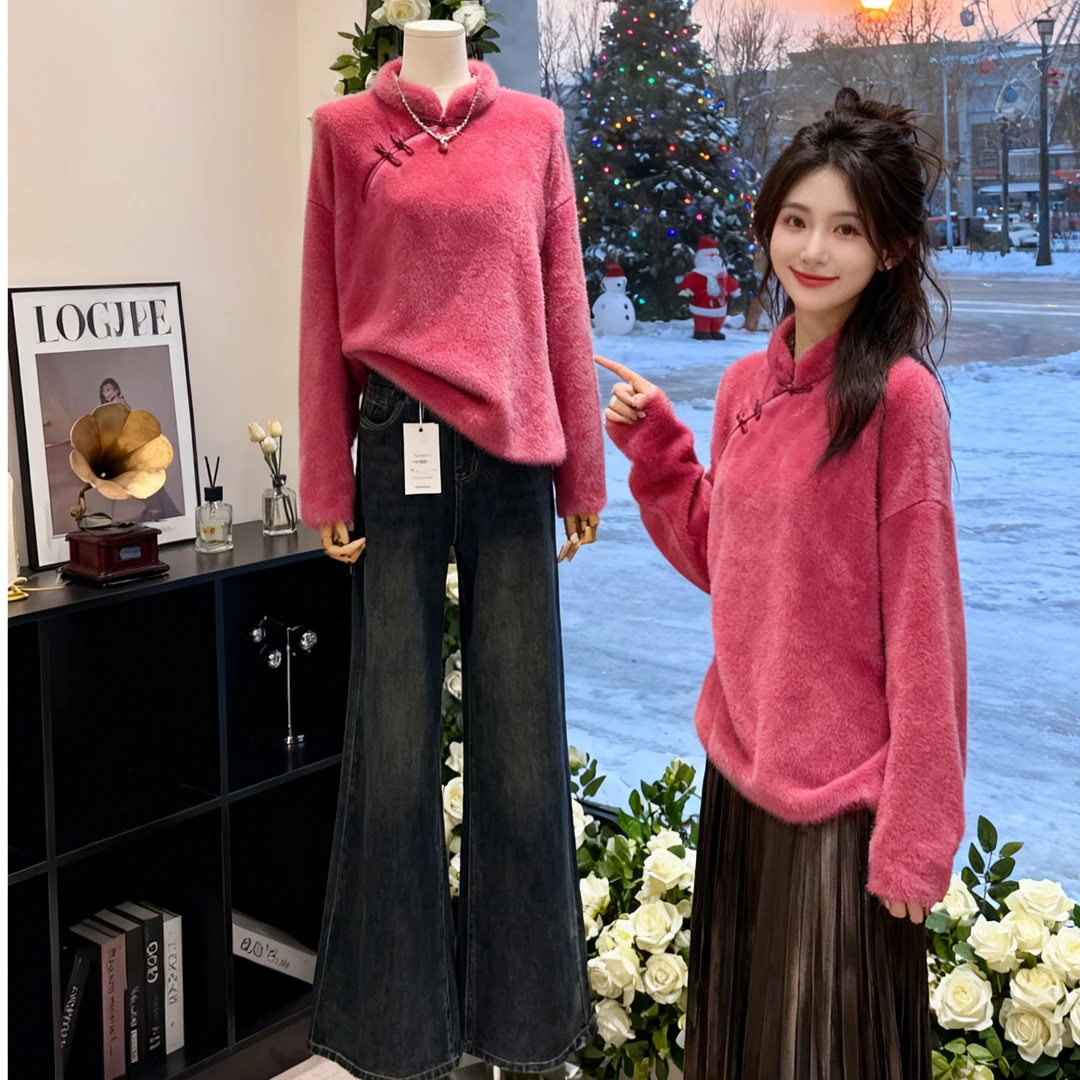 独特高端新中式国风毛衣女2025冬季新款爆款慵懒宽松超火针织上衣