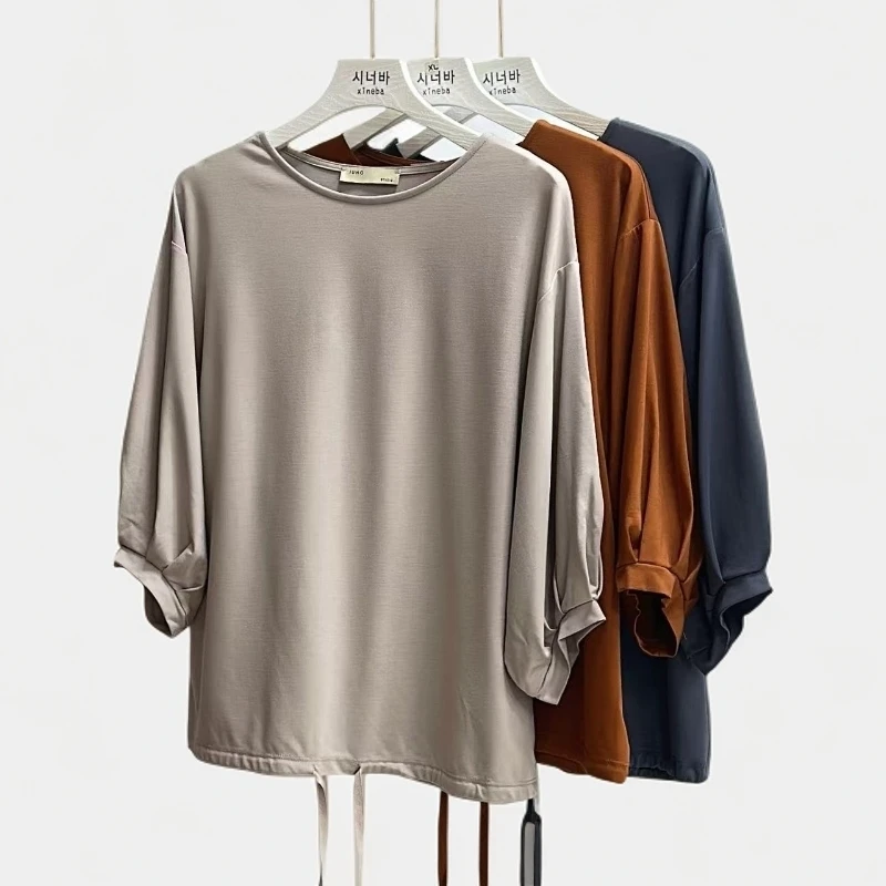 【xineba韩国精品】女士净版圆领下摆抽带灯笼袖体恤舒适百搭时尚