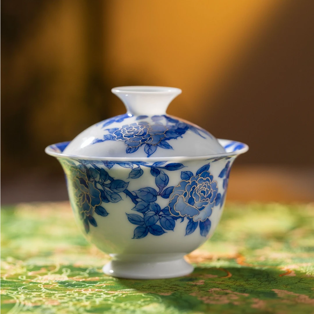 熊友根窑《绽放》（玫瑰茶具描银）陶瓷手工白瓷瓷盖碗茶盖碗功夫