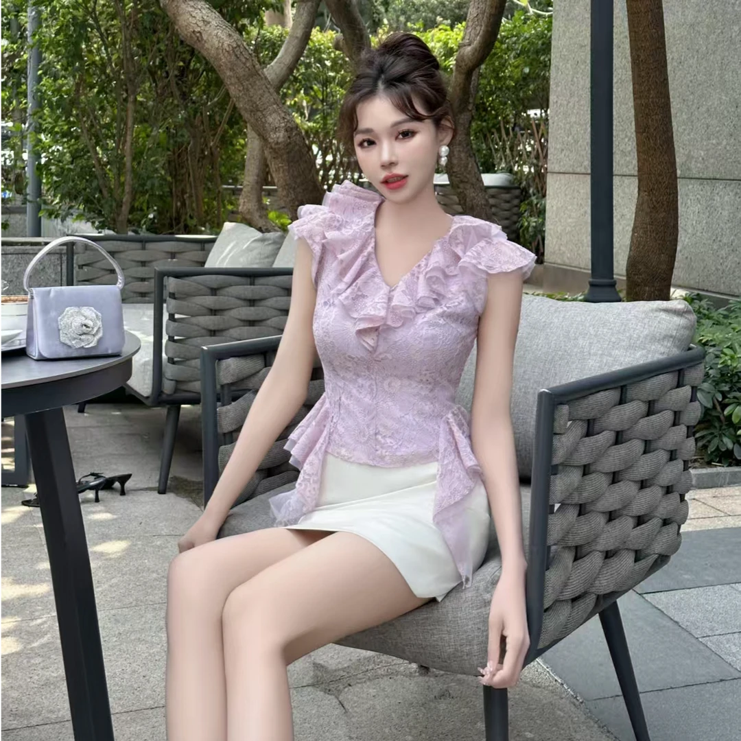 2025新款荷叶大V领夏季淡紫色气质飘带修身短款91644