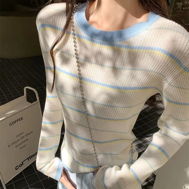 韩系蓝白条纹针织打底衫女2025春新品小个子修身显瘦上衣