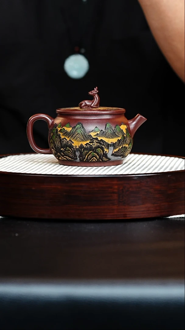 茶壶紫砂宜兴紫砂 石红 彩陶刻