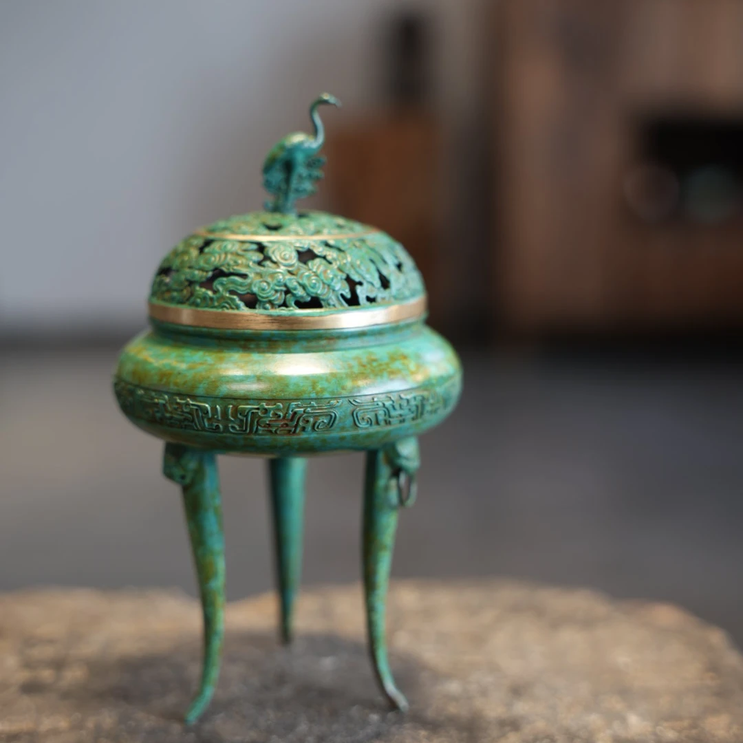 遇见.铜制绿色高足盘香炉祥云仙鹤香炉茶道零配