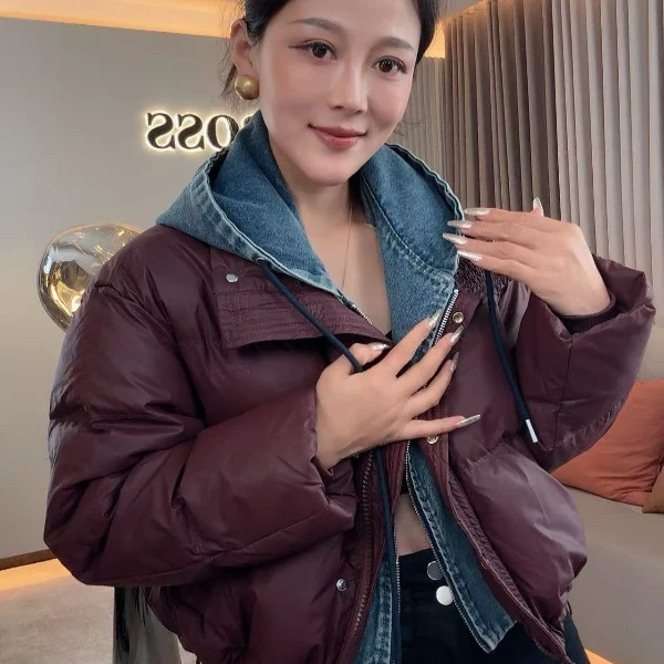 【耿老板446#M】港风牛仔帽免洗皮立领加厚显瘦短款面包羽绒服