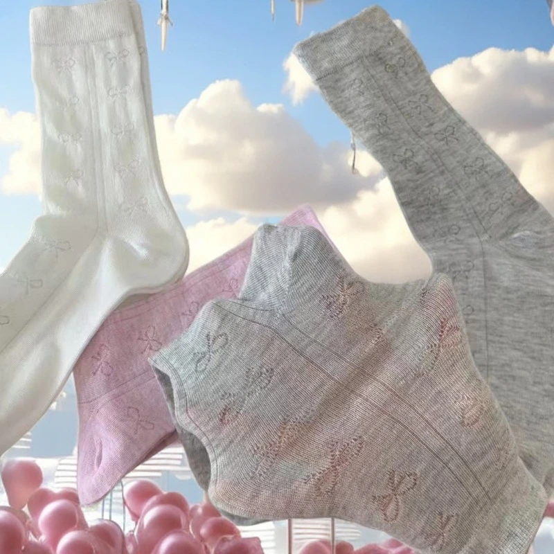 miu风袜子夏季女薄款竖条镂空蝴蝶结ins潮百搭JK日系中高筒堆堆袜