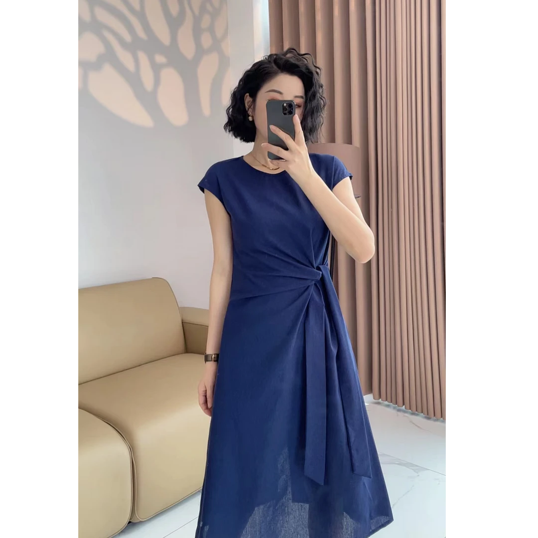 系带短袖休闲显瘦连衣裙2025年夏季新款设计感中长款时尚裙子8119