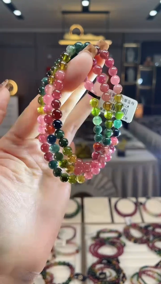 未镶嵌老矿碧玺色标彩虹三圈手串5mm+碧玺dan多样性发货一条