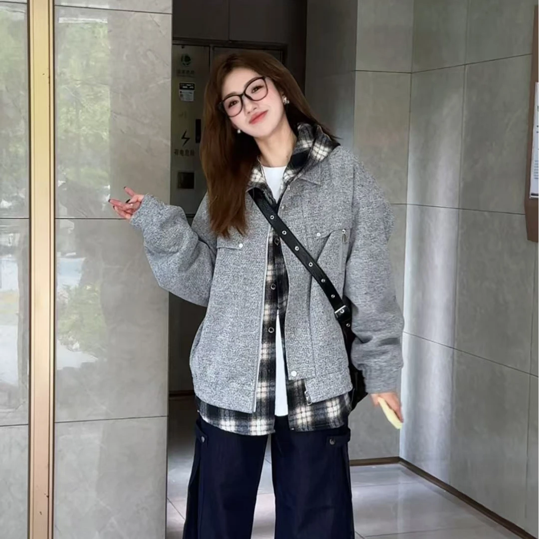 BWS美式复古潮牌cleanfit飞行员夹克男女宽松机车风纯色短款外套