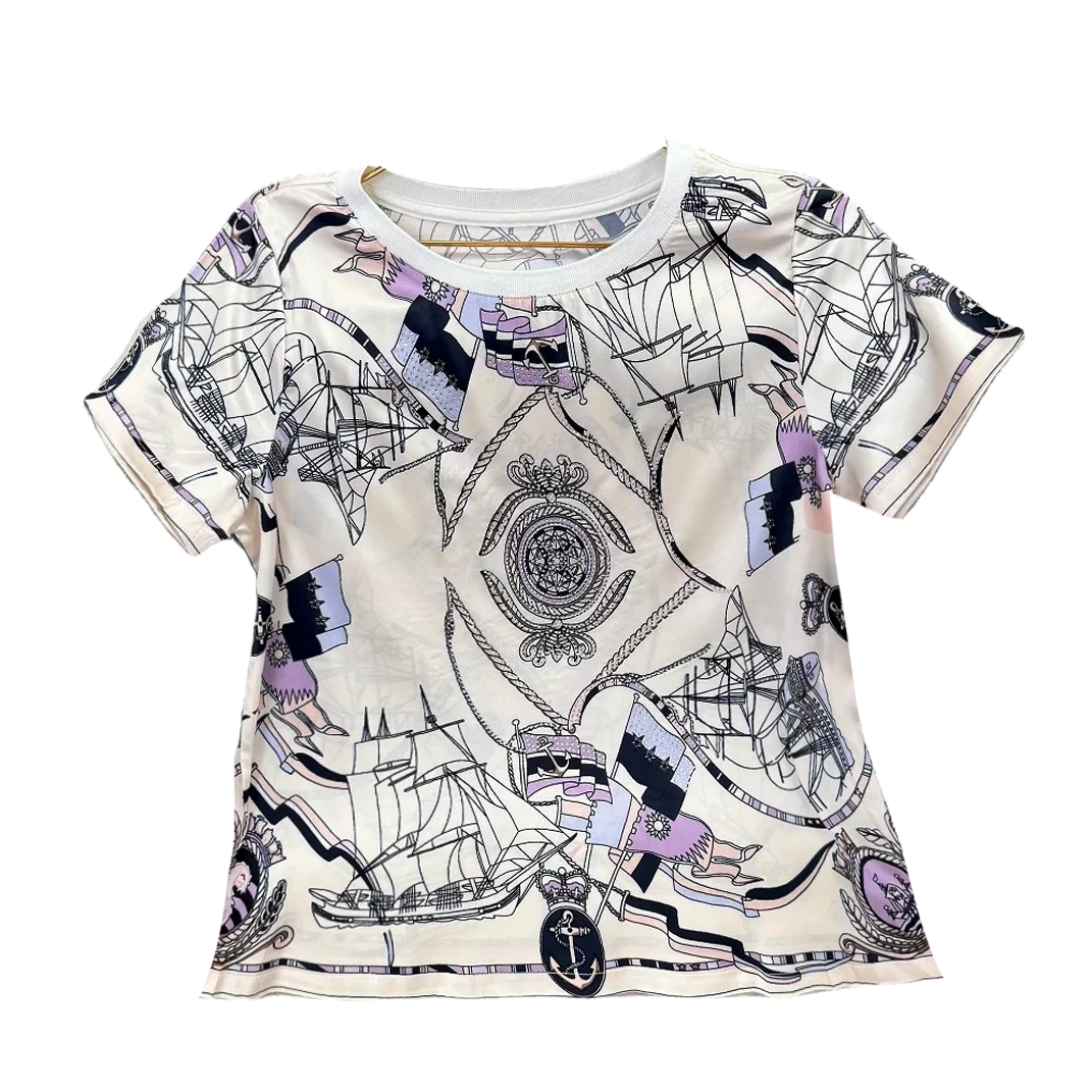 【久久高奢】‘’扬帆远航‘’烫钻桑蚕丝上衣 高端欧货印花短袖T恤女