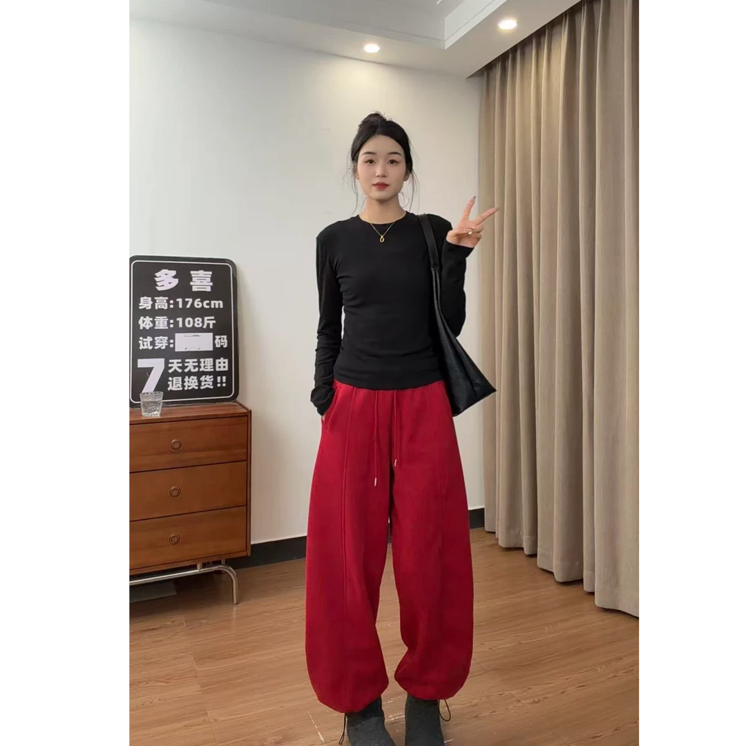 175高个子女【发财红】高腰加厚加绒阔腿休闲女冬款裤脚两穿弯刀裤