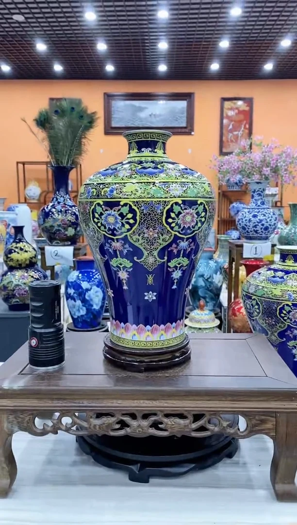 摆件陶瓷摆件景泰蓝描金高38CM梅瓶+旋转底座