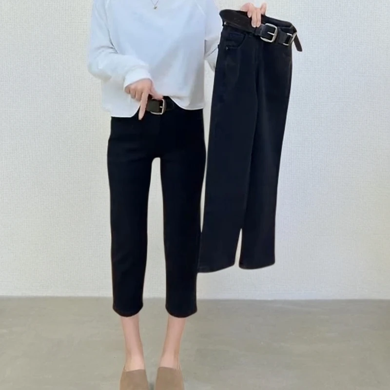 2025秋冬新款纯黑色加绒保暖小个子烟管裤女款高腰弹力修身牛仔裤