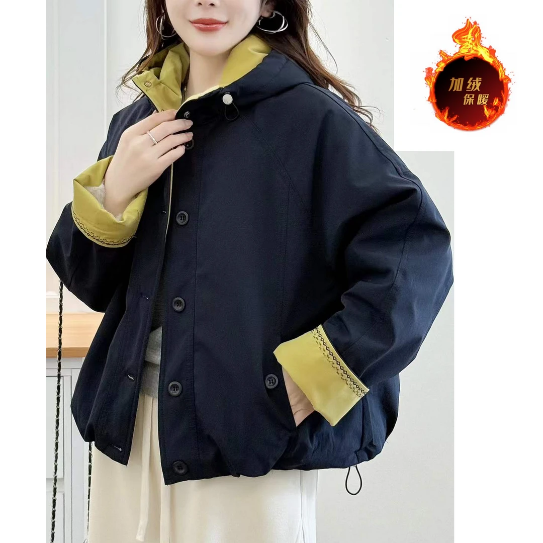 连帽加绒加厚刺绣棉衣外套女2025冬季韩版宽松时尚休闲保暖冲锋衣
