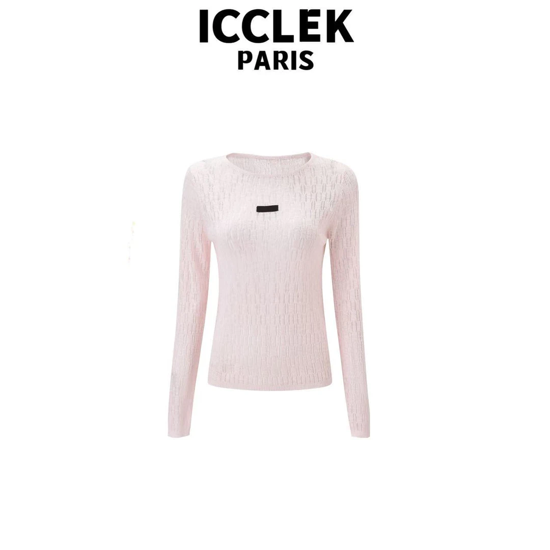 ICCLEK 粉色圆领套头长袖薄款针织衫气质减龄百搭显瘦 镂 空-1175