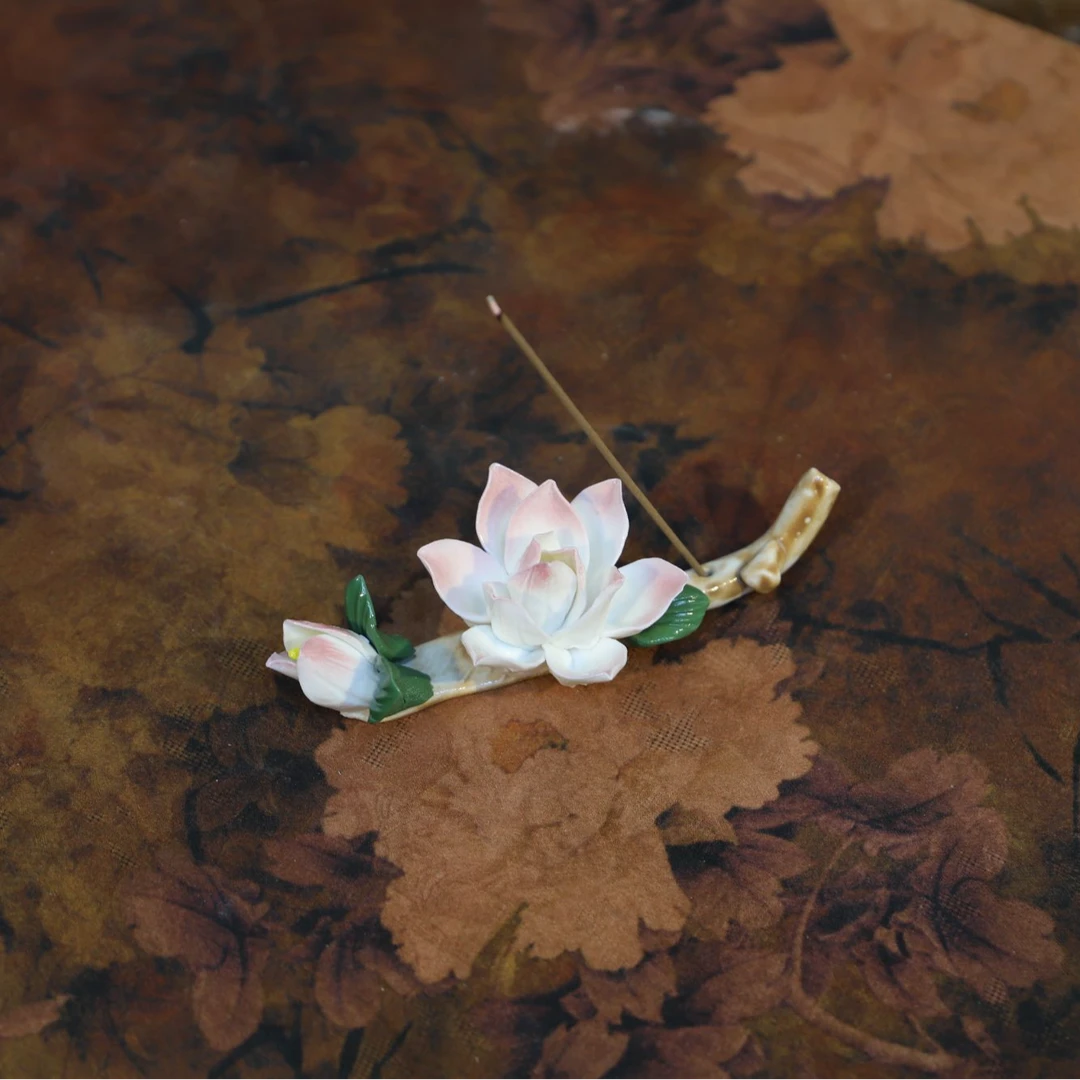 手工非遗瓷花渐变粉荷花香插摆件