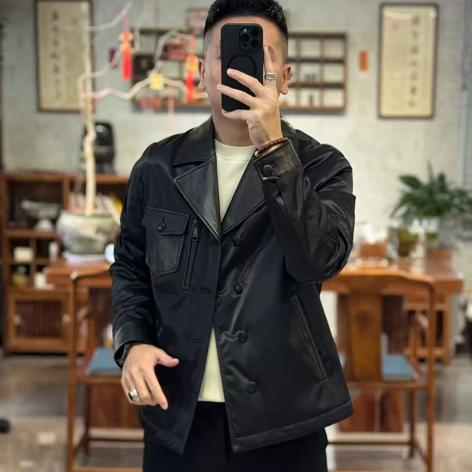 66028欧货早春轻奢高品质刺绣平驳领拼山羊皮男士薄棉夹克外套