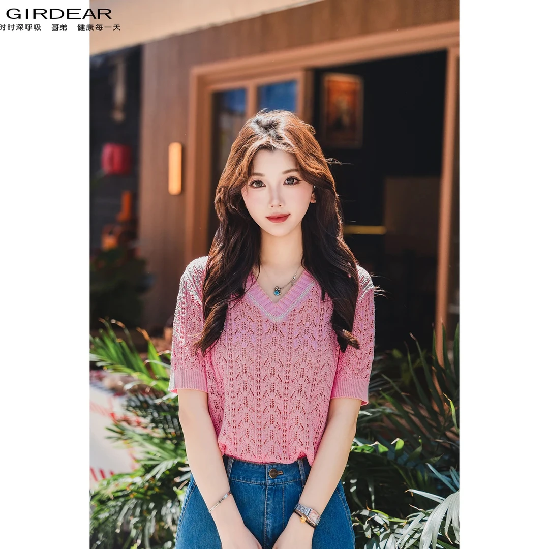 GIRDEAR/哥弟春夏新款休闲时尚短袖套头圆领针织T恤女 138046