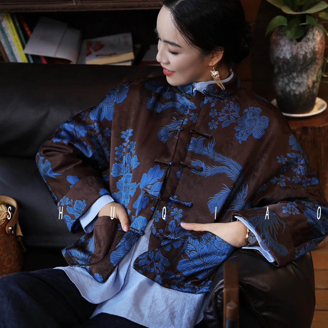 蜀俏【山岚】人丝香云纱新中式短外套女蓝色花卉盘扣宽松夹棉上衣