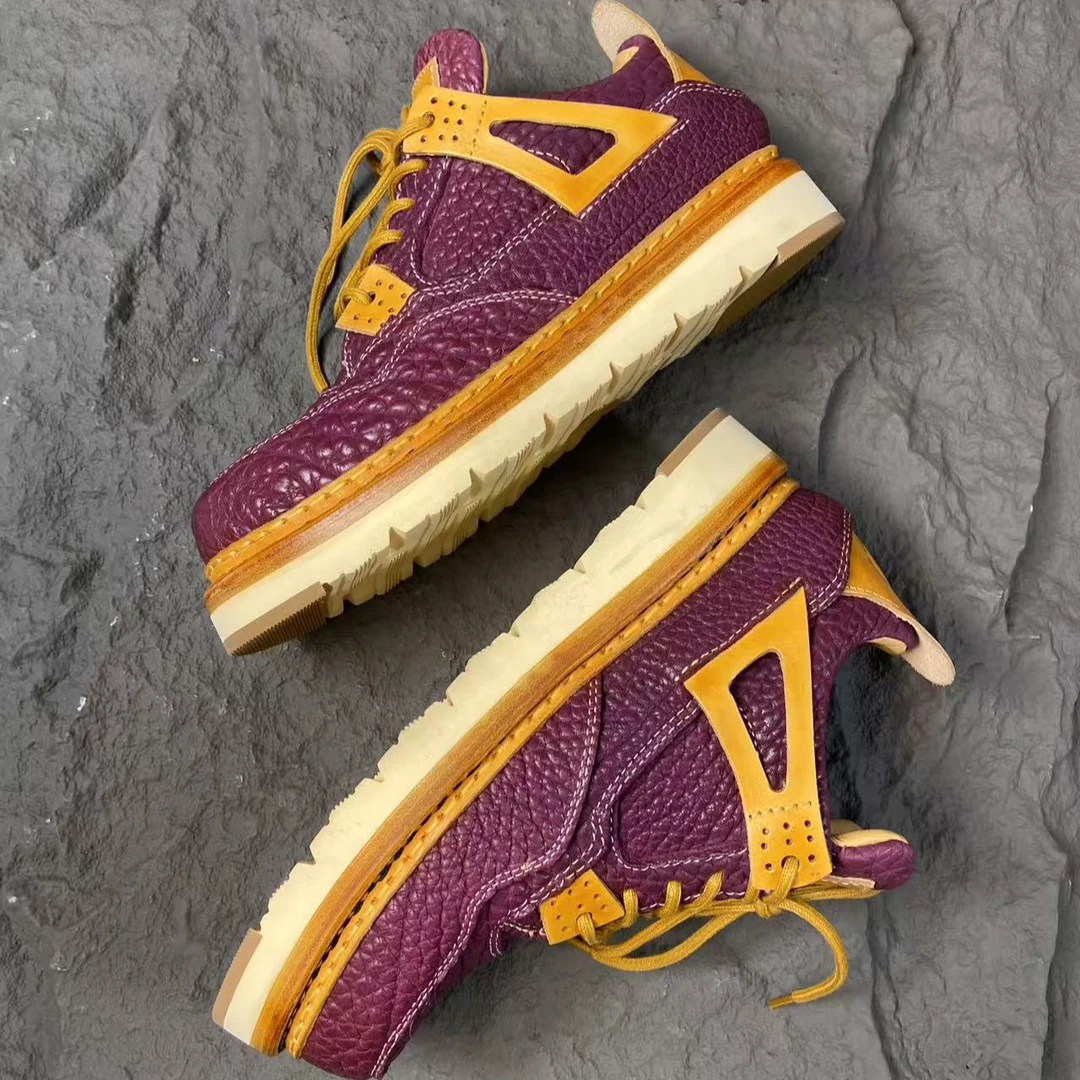 AJ4高端定制牛皮复古水洗做旧男鞋固特异缝线休闲百搭低帮板鞋