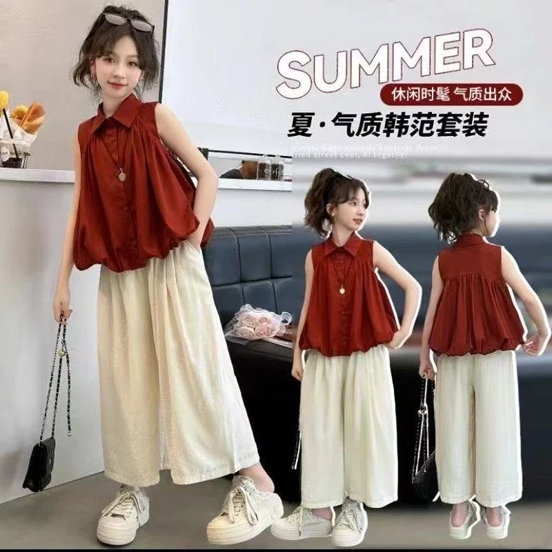女童夏装无袖衬衫套装2025夏季新款洋气衬衣儿童短袖裤子两件套