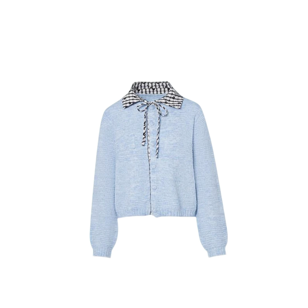 周楚楚同款女装小香风法式气质拼接翻领针织衫女秋季软糯长袖上衣