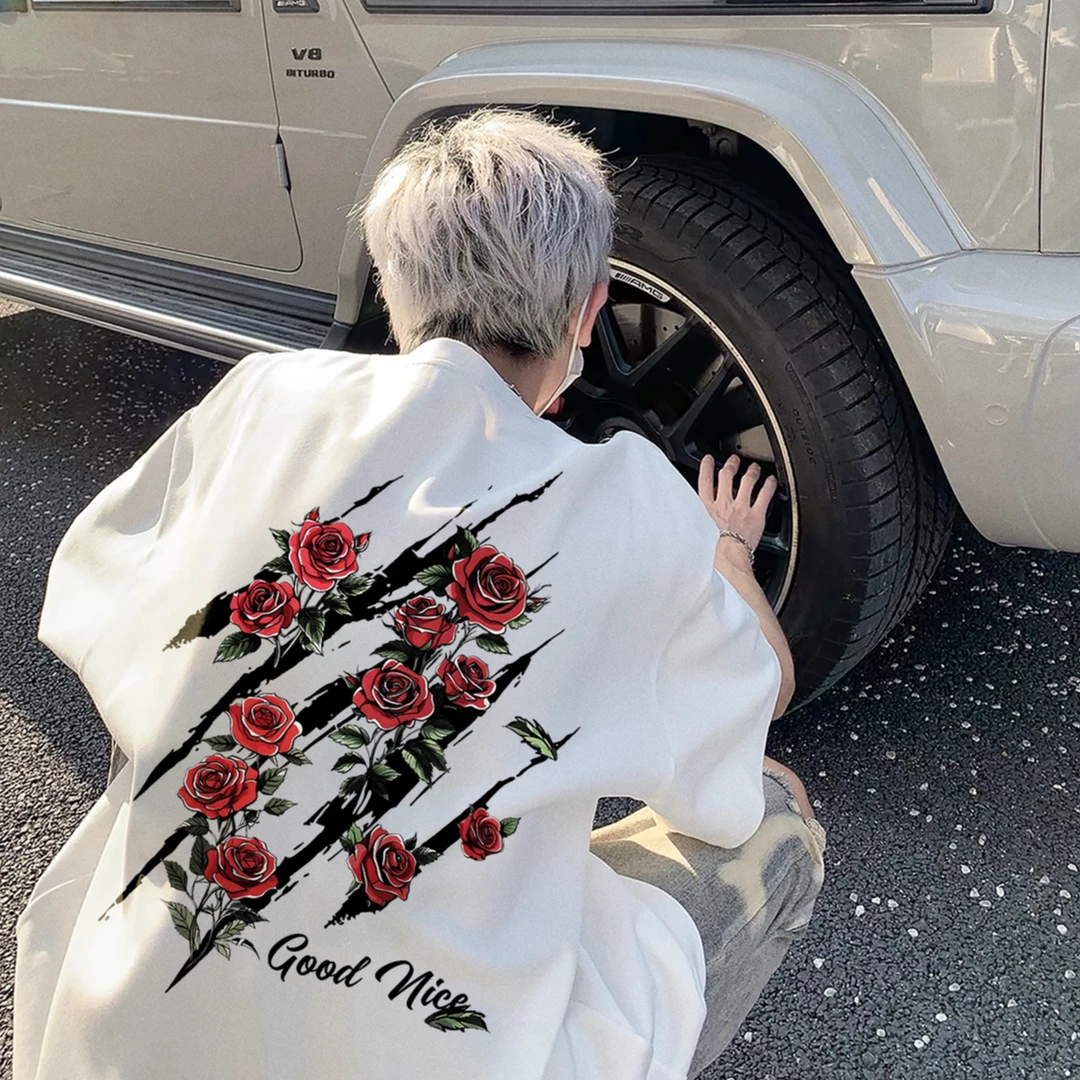 重磅美式复古玫瑰印花纯棉短袖t恤男女夏季宽松欧美潮牌情侣上衣