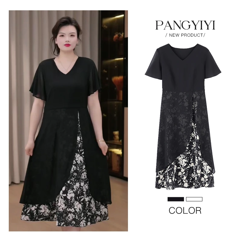 胖依依大码女装2025夏季新款气质百搭时尚显瘦遮肉连衣裙ZB7539