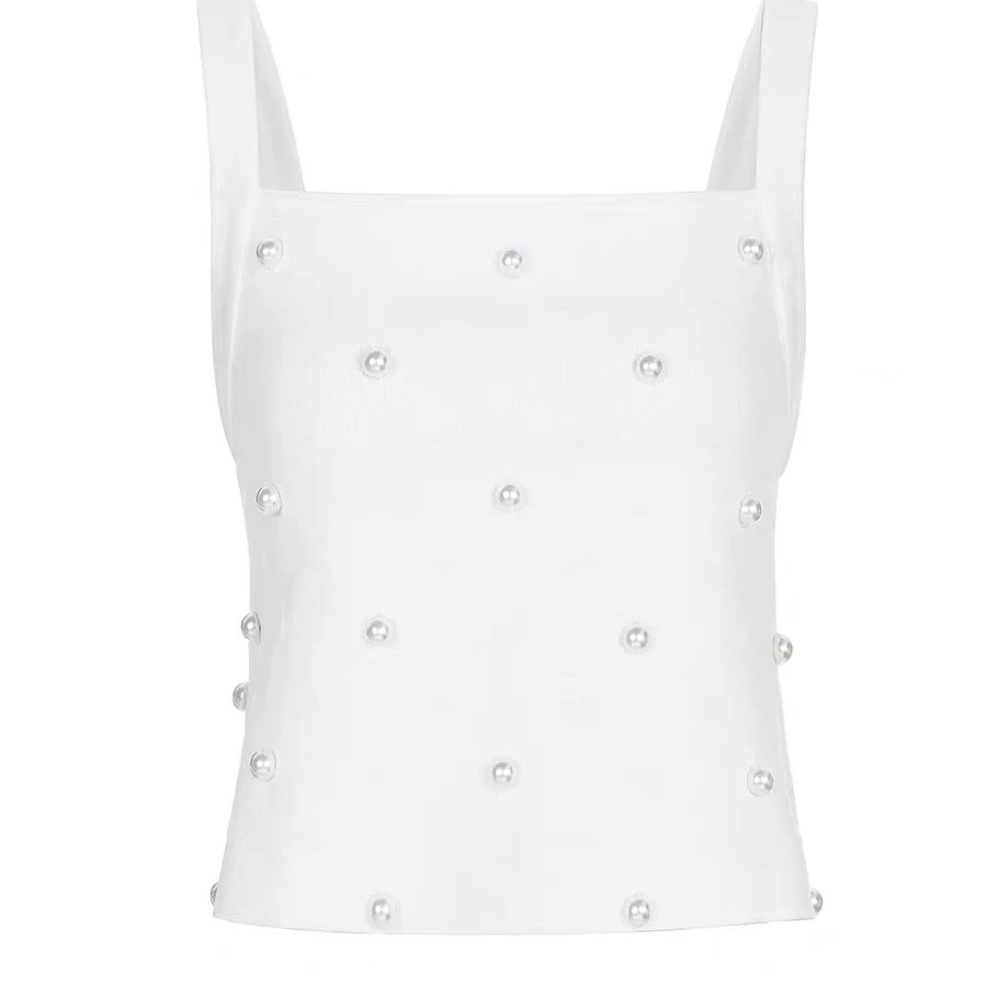 LeFame/拉飞姆2025夏时尚简约珍珠装饰针织吊带FF25X00ZV174