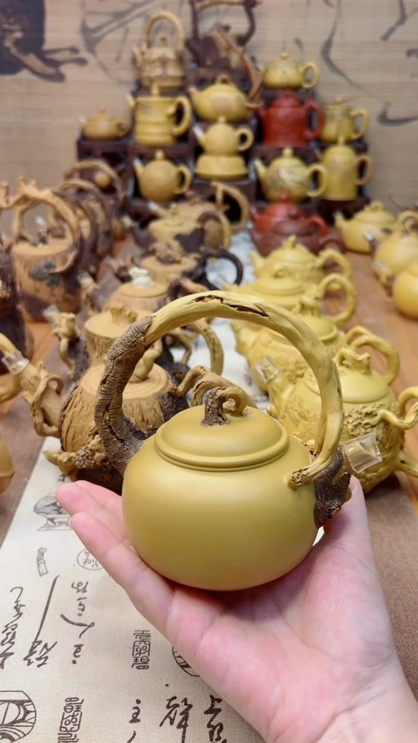 茶壶紫砂仿木提梁素面壶